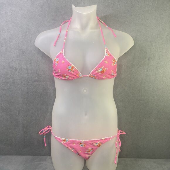 AGUA DOCE Brazilian 2-pc Bikini Size Large Pink Flowers Lace Trim Hip Tie - Picture 2 of 12